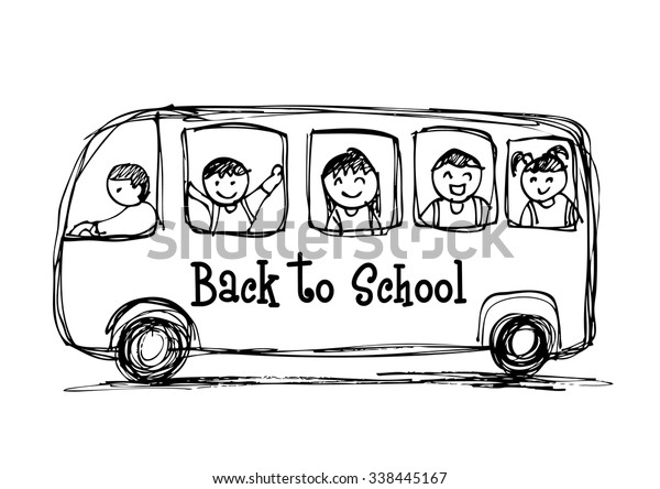 School\
bus with happy children. Hand drawn\
illustration\
