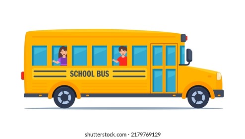 School bus and Happy Children. Kids in yellow classic school bus. Side view. American education. Back to school. Vector illustration