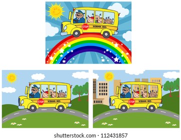 School Bus With Happy Children .Vector Collection