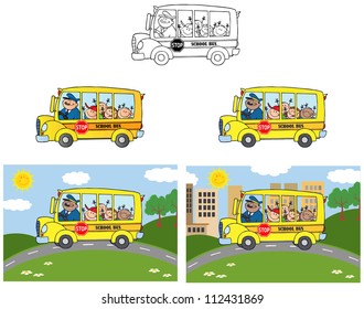 School Bus With Happy Children .Vector Collection