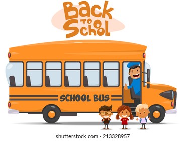 School bus and Happy Children. Vector illustration of School theme. 