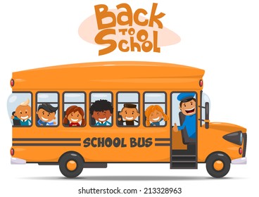 School bus and Happy Children. Vector illustration of School theme. 