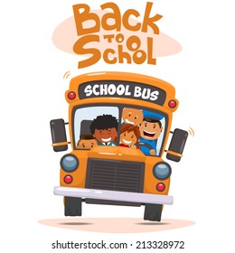 School bus and Happy Children. Vector illustration of School theme. 