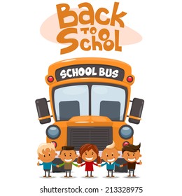 School bus and Happy Children. Vector illustration of School theme. 