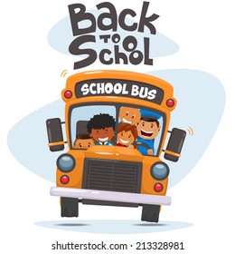 School bus and Happy Children. Vector illustration of School theme. 