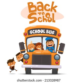 School bus and Happy Children. Vector illustration of School theme. 