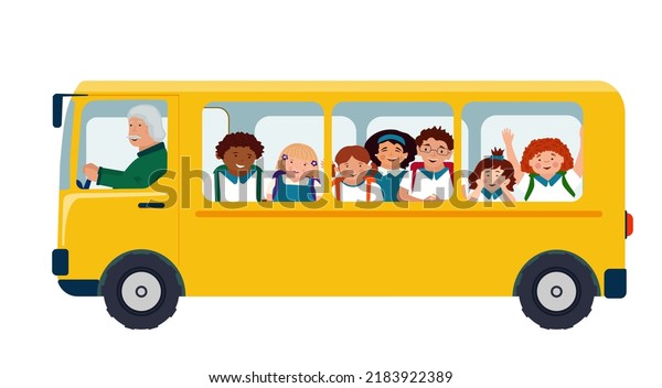 A school bus, happy students\
with briefcases go to school in a yellow car. Vector\
illustration.