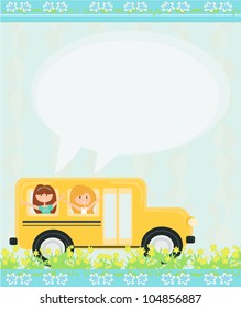 school bus heading to school with happy children