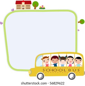 a school bus heading to school with happy children and frame