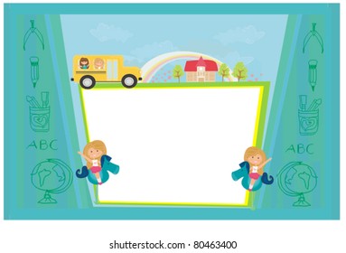 a school bus heading to school with happy children