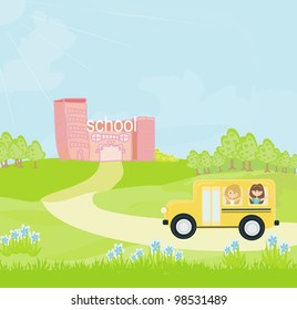 school bus heading to school with happy children