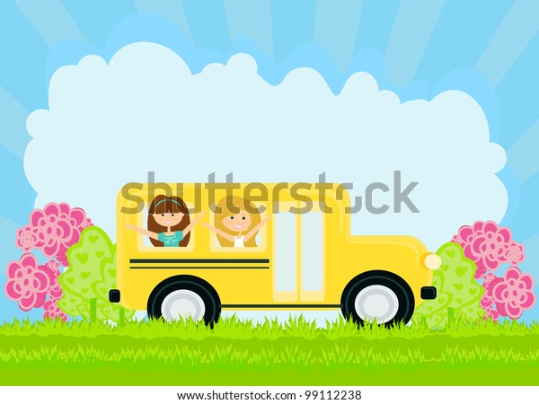 school bus\
heading to school with happy\
children