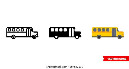 School bus icon of 3 types: color, black and white, outline. Isolated vector sign symbol.