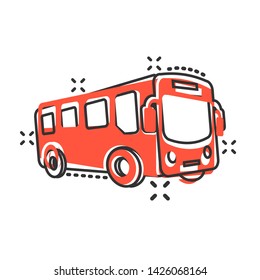 School bus icon in comic style. Autobus vector cartoon illustration on white isolated background. Coach transport business concept splash effect.