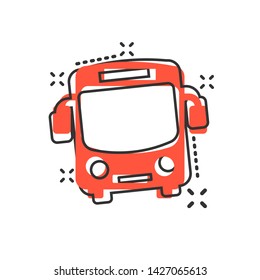 School bus icon in comic style. Autobus vector cartoon illustration on white isolated background. Coach transport business concept splash effect.