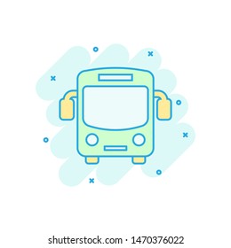 School bus icon in comic style. Autobus vector cartoon illustration on white isolated background. Coach transport business concept splash effect.