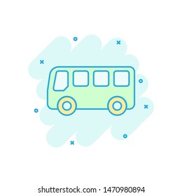 School bus icon in comic style. Autobus vector cartoon illustration on white isolated background. Coach transport business concept splash effect.