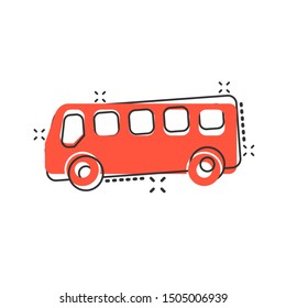 School bus icon in comic style. Autobus vector cartoon illustration on white isolated background. Coach transport business concept splash effect.