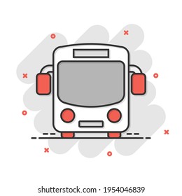 School bus icon in comic style. Autobus vector cartoon illustration on white isolated background. Coach transport business concept splash effect.