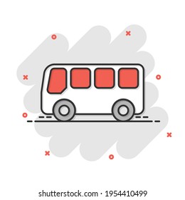 School bus icon in comic style. Autobus vector cartoon illustration on white isolated background. Coach transport business concept splash effect.