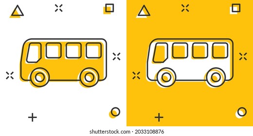 School bus icon in comic style. Autobus vector cartoon illustration on white isolated background. Coach transport business concept splash effect.