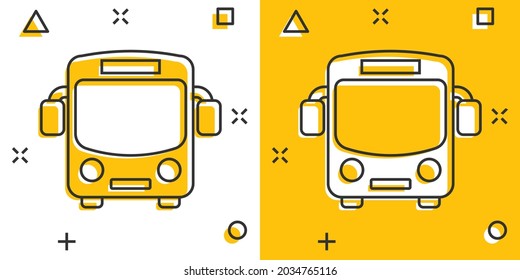 School bus icon in comic style. Autobus vector cartoon illustration on white isolated background. Coach transport business concept splash effect.