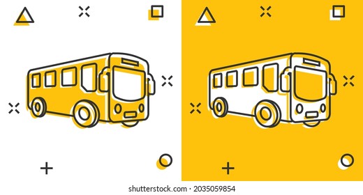 School bus icon in comic style. Autobus vector cartoon illustration on white isolated background. Coach transport business concept splash effect.