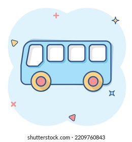 School Bus Icon In Comic Style. Autobus Vector Cartoon Illustration On White Isolated Background. Coach Transport Business Concept Splash Effect.