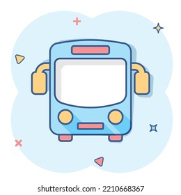 School bus icon in comic style. Autobus vector cartoon illustration on white isolated background. Coach transport business concept splash effect.