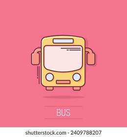 School bus icon in comic style. Autobus vector cartoon illustration on white isolated background. Coach transport business concept splash effect.