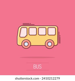 School bus icon in comic style. Autobus vector cartoon illustration on white isolated background. Coach transport business concept splash effect.