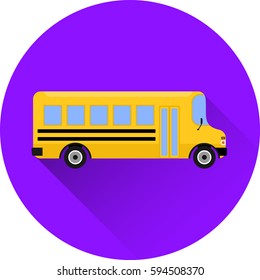 School bus icon in flat design with long shadow on purple background. Vector illustration. Transport concept