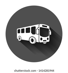 School bus icon in flat style. Autobus vector illustration on black round background with long shadow. Coach transport business concept.