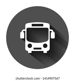 School bus icon in flat style. Autobus vector illustration on black round background with long shadow. Coach transport business concept.