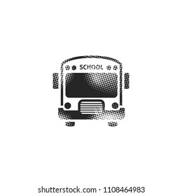 School bus icon in halftone style. Black and white monochrome vector illustration.