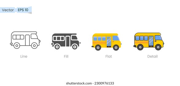 school bus icon, line, color and fill glyph and flat illustration. Isolated clip art vector illustration in flat cartoon style