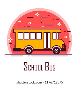 School bus icon in red circle. Thin line flat design. Vector.