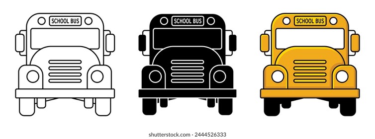 School Bus Icon Set. Front View Vector Isolated on White Background. Design For Apps, Posters, Web, Social Media.