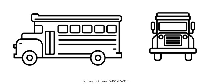 school bus icon, side and front views, outline design, editable vector eps 10.