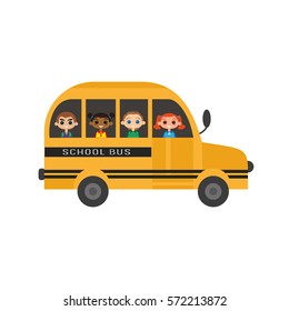 School bus icon. Traditional yellow transport vehicle symbol for transportation of children to school flat style. Smiling happy pupil faces. Girls boys emotion avatars.Vector element banner background