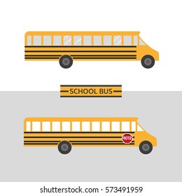 School bus icon. Traditional yellow transporting vehicle symbol for transportation of children to school in flat style. Emblem of passenger auto to transport pupils. Vector element banner background
