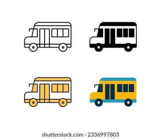 school bus icon vector design in 4 style line, glyph, duotone, and flat