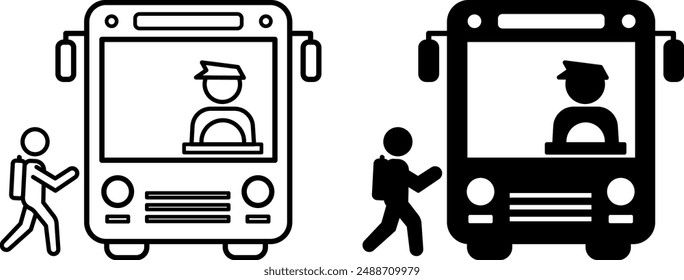 School Bus Icons. Black and White Vector Icons. School Bus with Driver and Schoolchild with Backpack. Education and School Concept