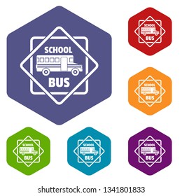 School bus icons vector colorful hexahedron set collection isolated on white 