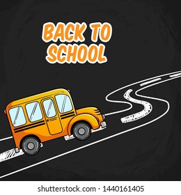 School Bus Illustration With Doodle Road on Blackboard Background