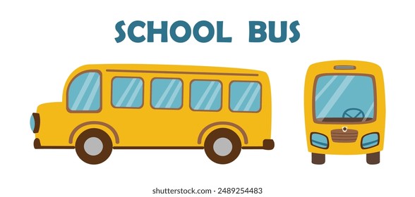 School bus illustration in flat style. Back to school concept. Childrens school elements.