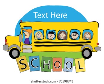 School Bus Illustration With Kids Hand-Draw Vector