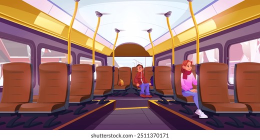 Ônibus escolar no interior. Banco de trem público perto da janela com pacote. Transporte de bonde para crianças com cadeira marrom. Corredor do metrô para viajar. Urban express autobus e passageiro adolescente sentado