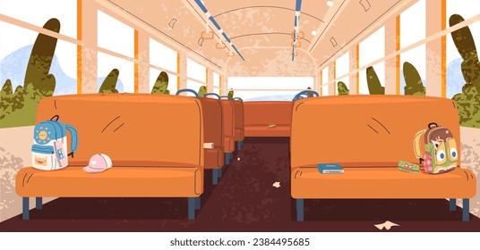 Interior del autobús escolar. Asiento de pasillo dentro de un autobus vacío, caricatura de transporte público para viajes en mochilero en europa o transporte por carretera para niños, elegante ilustración vectorial del interior del bus