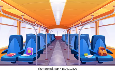 School Bus Interior With Blue Seats. Vector Cartoon Empty Passenger Cabin Of Public City Transport Inside With Forgotten Books And Backpack On Bus Chair